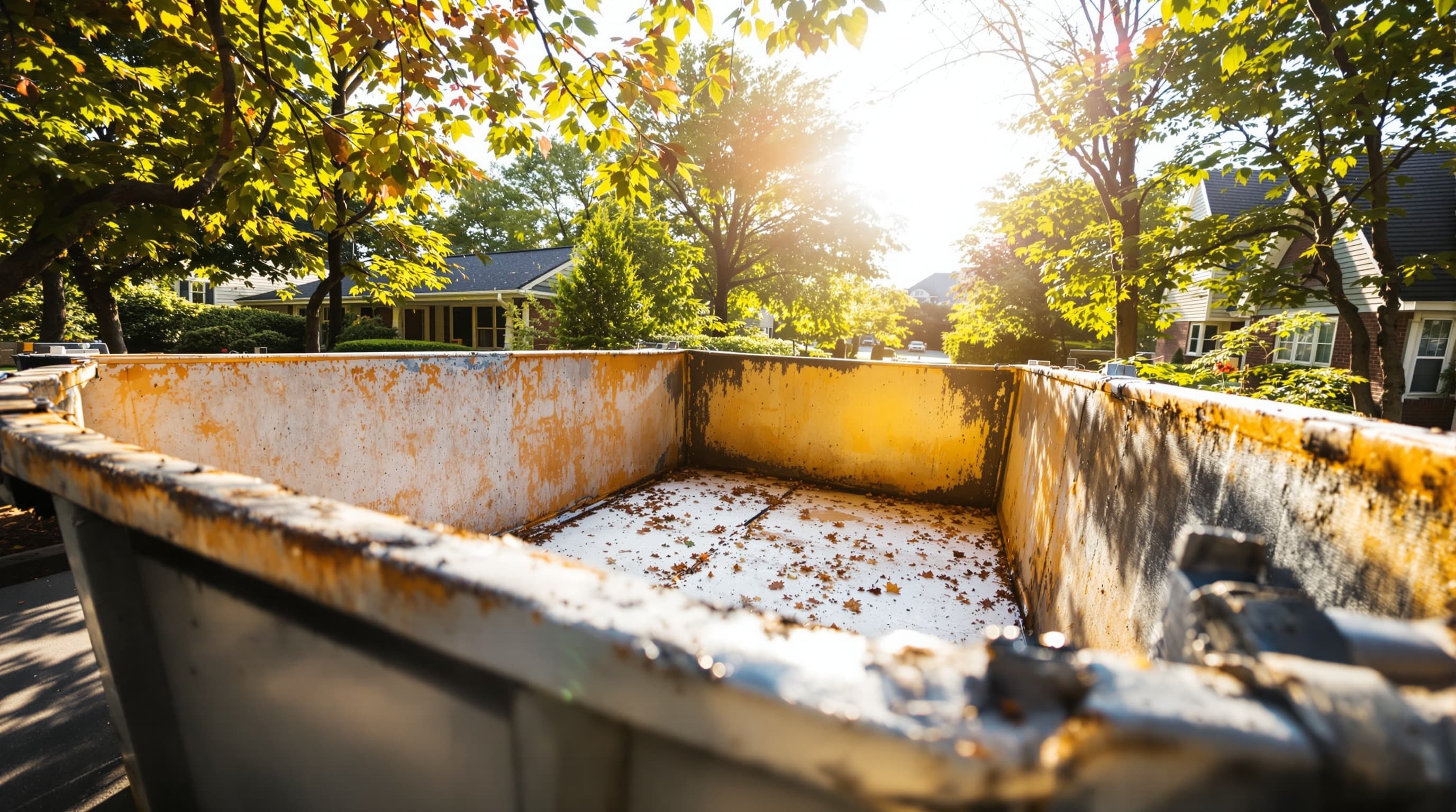 Dumpster container on a residential driveway in Nassau County, Long Island