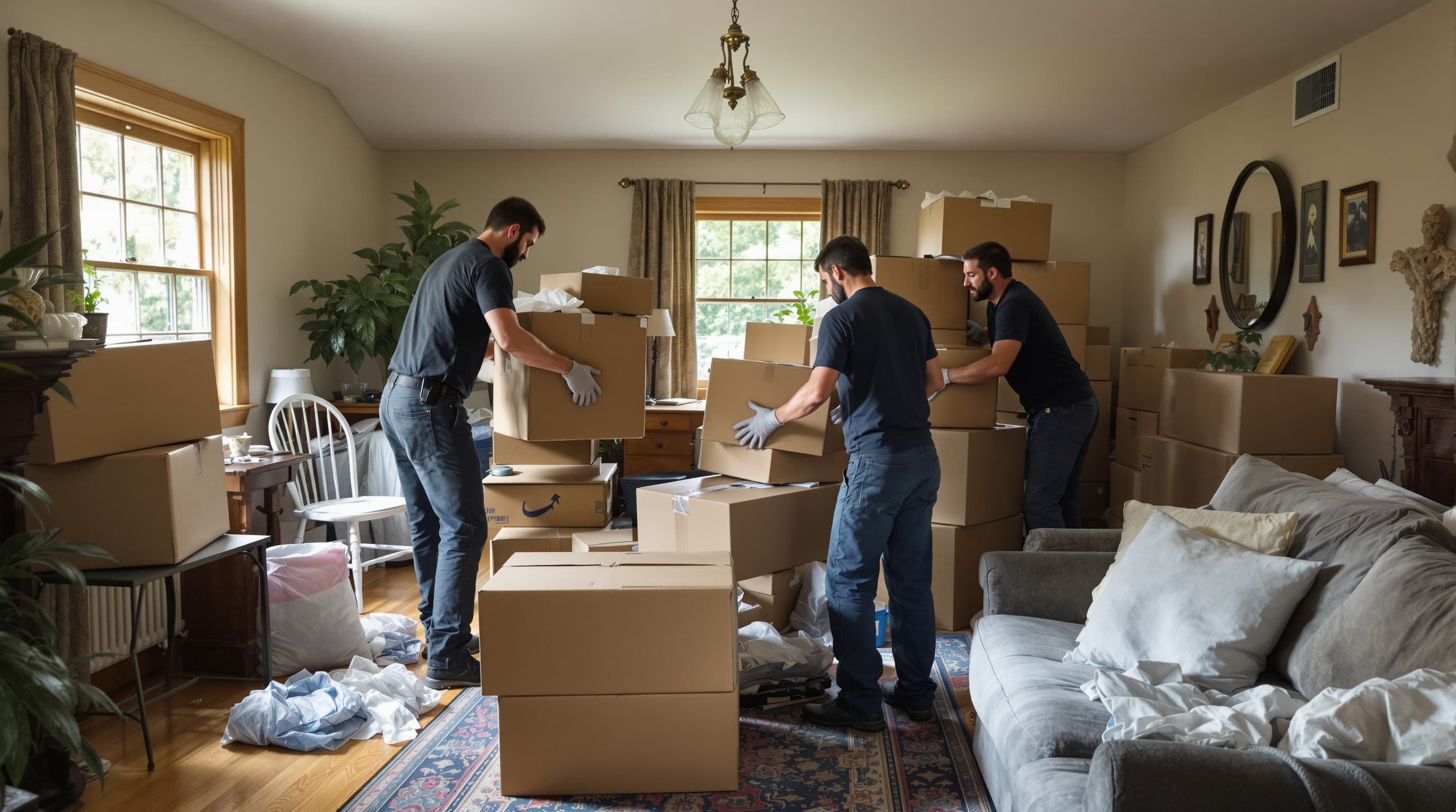 Estate cleanout in progress — crew removing furniture and household items from a Long Island home