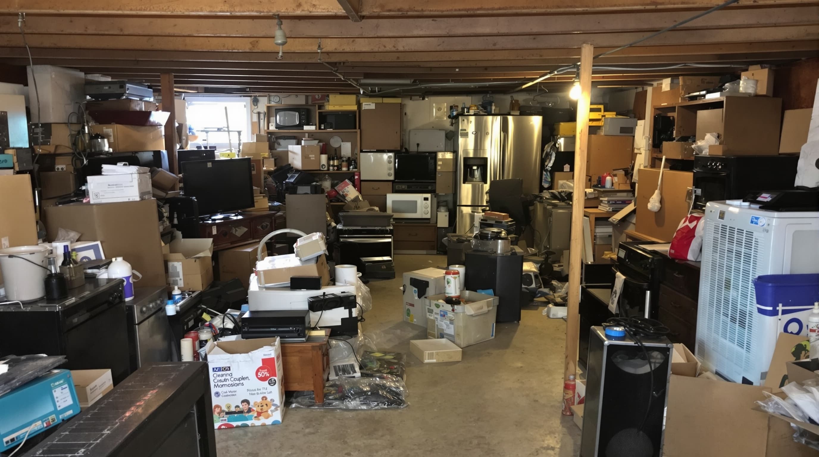 Cluttered basement full of bulk items in a Nassau County home before junk removal